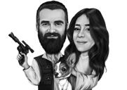 Retrato en caricatura de pareja con mascota