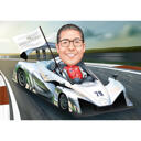 Caricatura del pilota di auto da corsa in stile a colori con sfondo personalizzato da foto