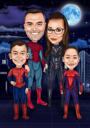 Pittura di caricatura colorata della famiglia del supereroe con lo sfondo di New York dalle foto