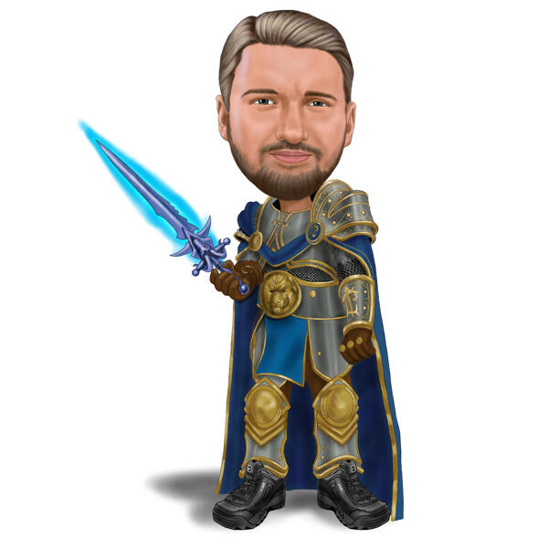 Карикатура человека как персонажа игры "Warcraft" нарисованная в цветном стиле с фотографии для подарка