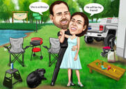 Camping Couple Cartoon Portrait with Campfire