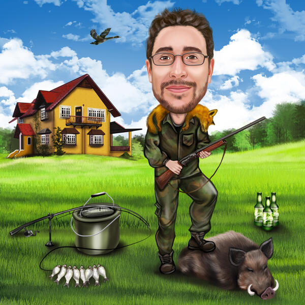 Caricatura de caza: cazador con animal salvaje
