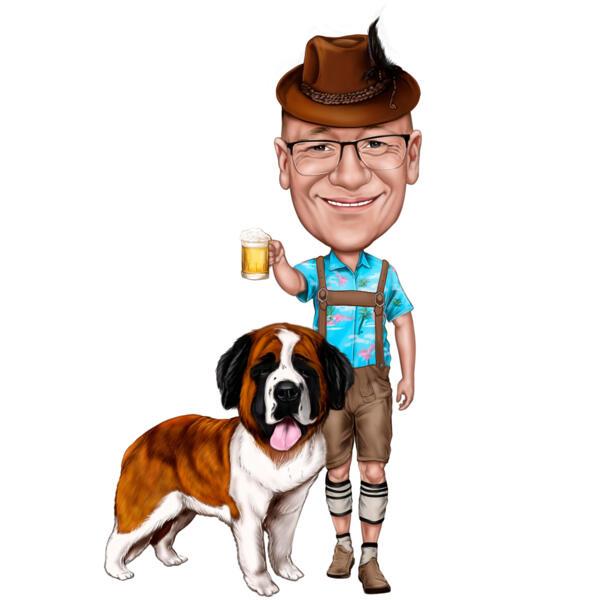 Homem com caneca de cerveja e caricatura de cachorro nas fotos para presente personalizado