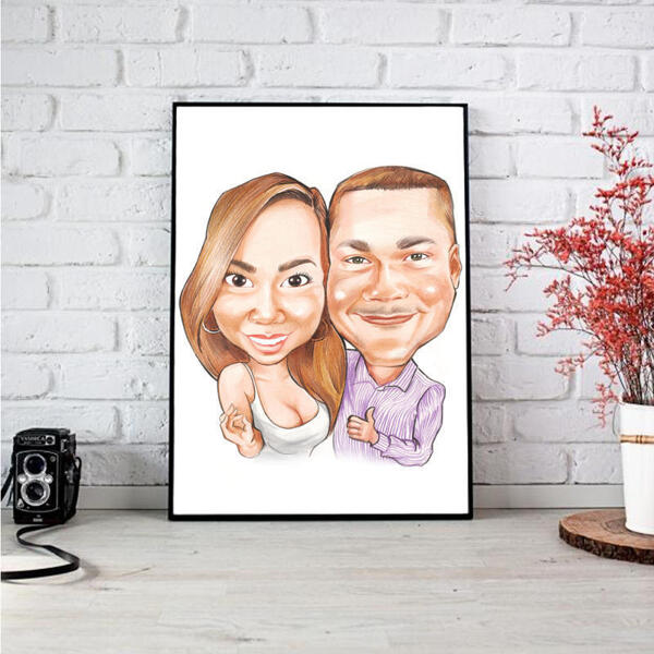 Overdreven karikatur af par i farvet stil på plakaten