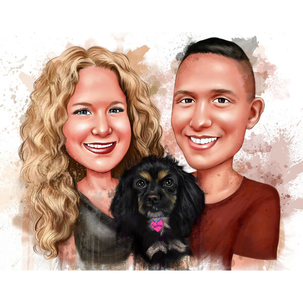 Pāra un suņa akvareļa portrets