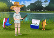 Caricatura de abuelo de pesca con fondo
