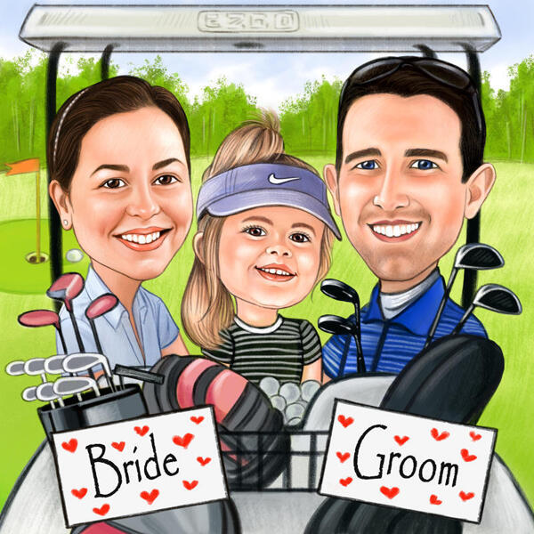 Braut und Bräutigam-Golf-Familie im Warenkorb