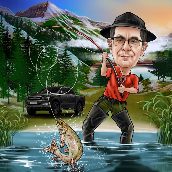 Caricatura de pescador em fotos com fundo colorido