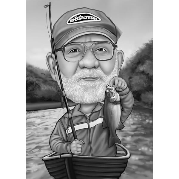 Svartvit karikatyr av fiskare
