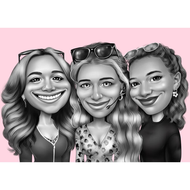 Female Friends Group Caricature in Exaggerated Black and White Style with  One Color Background