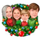 Carte de vœux de Noël avec caricature familiale dans une couronne festive