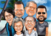 Grupi karikatuur ranna taustal