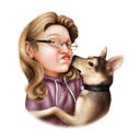 Krásná majitelka líbající psa Barevná karikatura z fotografií
