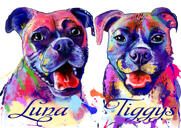 Suņa pāra karikatūras portrets spilgtā akvareļa stilā no fotoattēliem