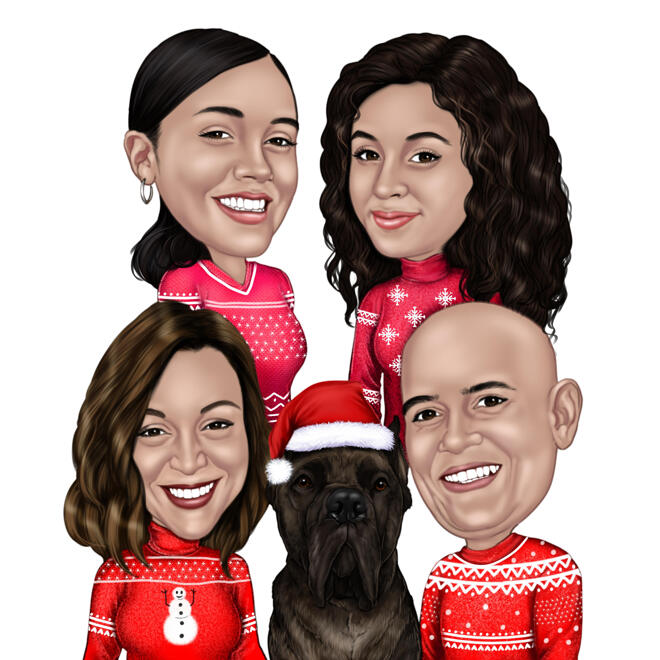 Christmas Group Caricature with Pet in Christmas Sweaters
