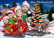 Christmas Card - Family in Santa's Sleigh with Pets