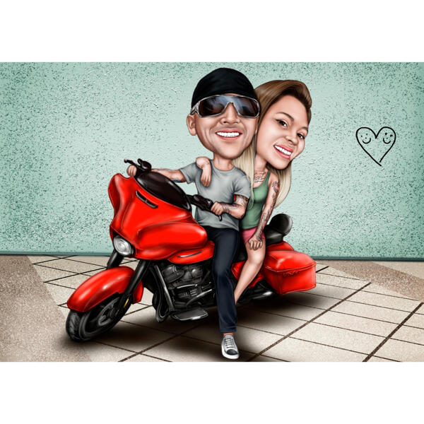 Couple on Scooter as Colored Caricature Gift with Simple Background from Photos