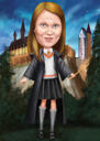 Hand Drawn Person Caricature from Photo with Gothic Architecture Background