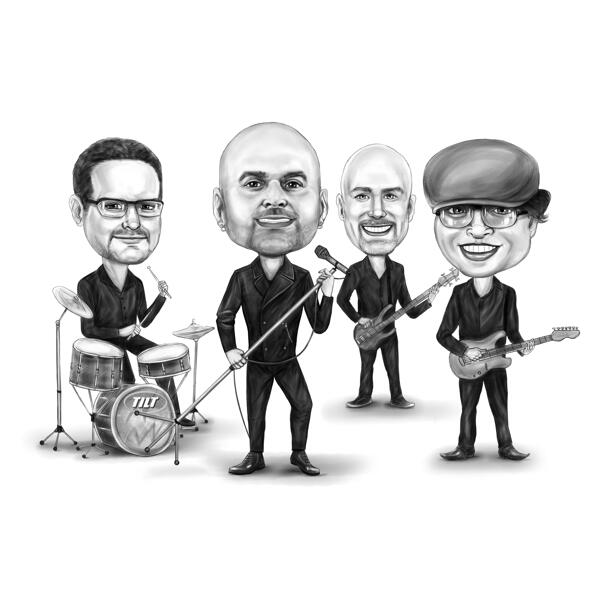 Retrato de desenho animado de grupo de performance musical em estilo preto e branco