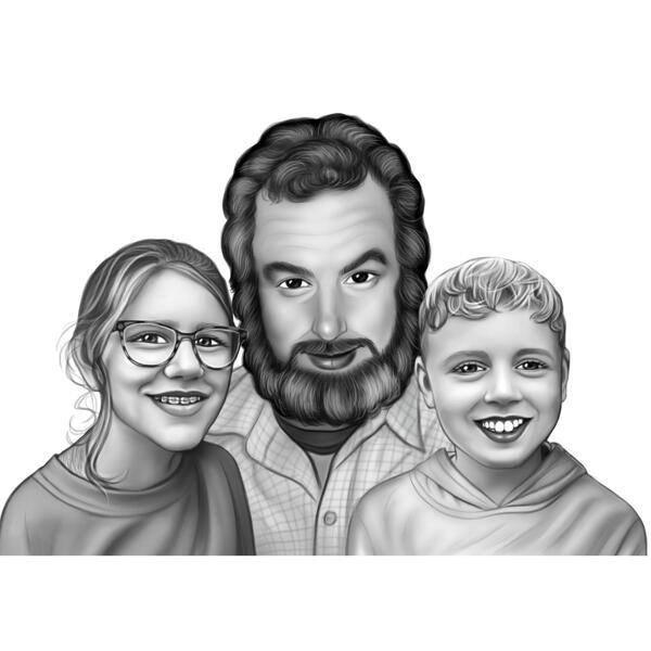 Fumetto del ritratto del padre con i bambini dalle foto in stile in bianco e nero