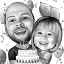 Caricatura de desenho animado de pai e filha em estilo preto e branco a partir de fotos