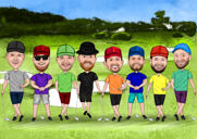 Caricatura di tutto il corpo di attività all'aperto di gruppo in stile colorato con sfondo personalizzato