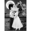 Sort og hvid kysse par karikatur med brugerdefineret baggrund fra fotos