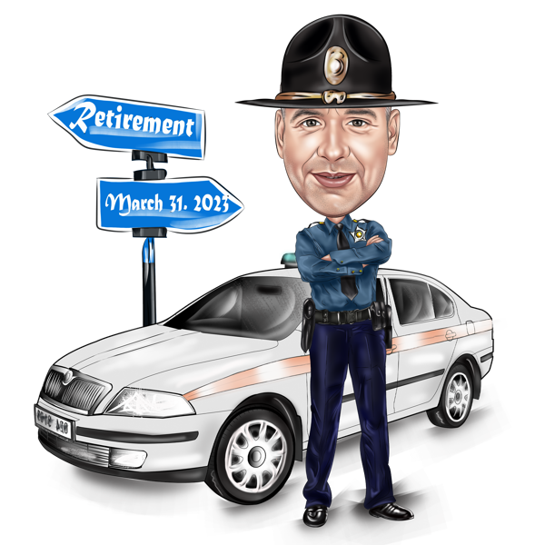 Cadou pentru pensionari: polițist cu caricatură mașină de poliție