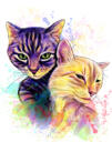 Retrato caricatural em aquarela de gatos de raça mista