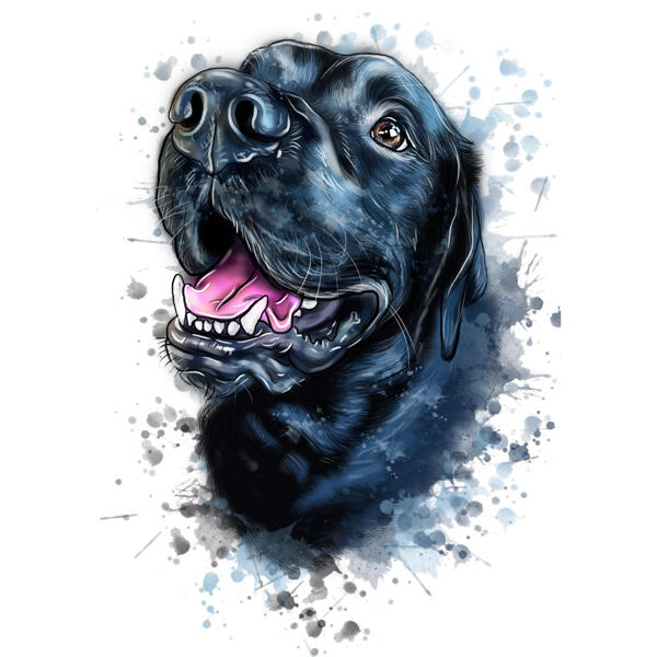 Dibujo de caricatura de perro acuarela natural azulado a partir de fotos con salpicaduras en el fondo