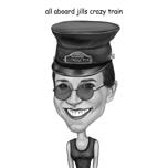 Karikatura vlakového dirigenta v černém a bílém stylu