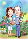Caricatura de pareja de fotos con fondo de color para regalo de cumpleaños del abuelo
