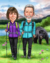 Couple en randonnée sur un sentier caricatural