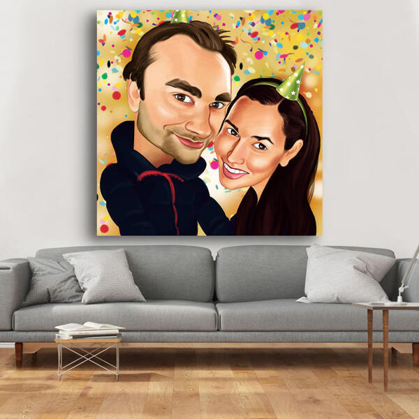 Caricature de couple dessiné à la main pour cadeau d'anniversaire personnalisé imprimé sur toile