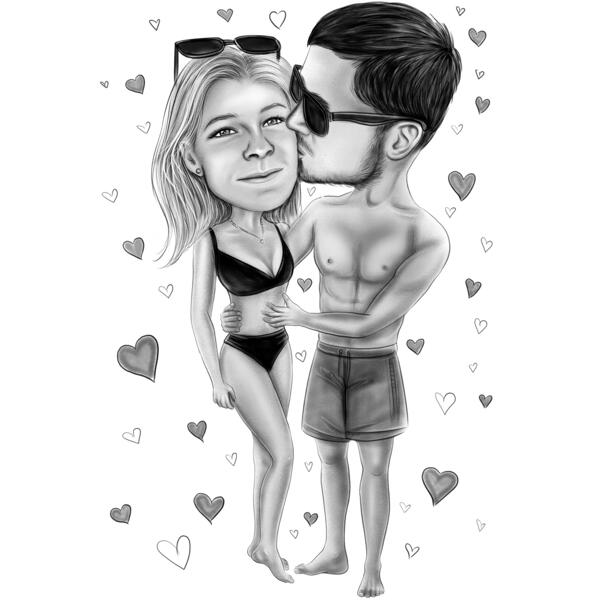 Caricatura de pareja de cuerpo completo besándose en la mejilla en estilo blanco y negro