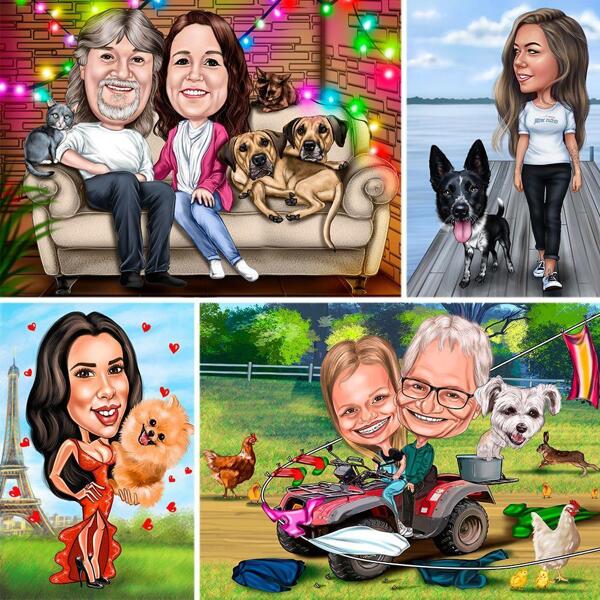 Full Body Owner with Pet Caricature Portrait with Colored Background