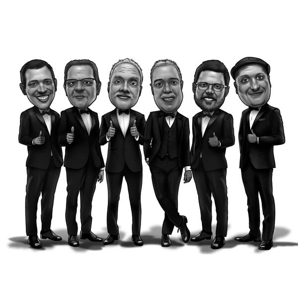 Full Body Black and White Groomsmen Caricature Portrait