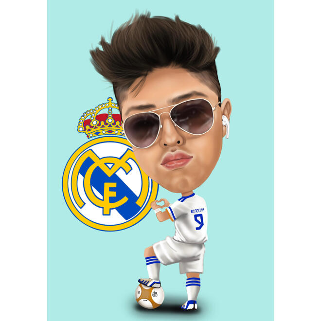 Caricatura de jugador de fútbol con fondo de color para fanático del Real  Madrid Football Club