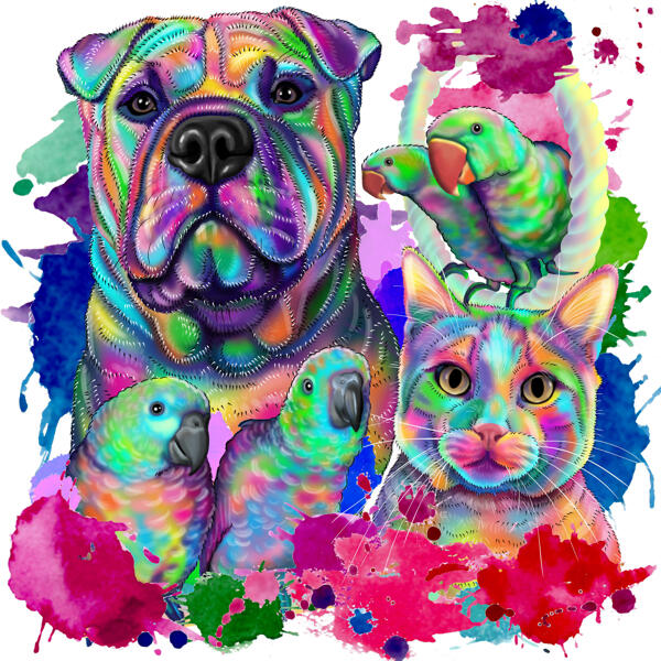 Собака с кошкой и птицами - Смешанный карикатурный портрет домашних животных в стиле акварели из фотографий
