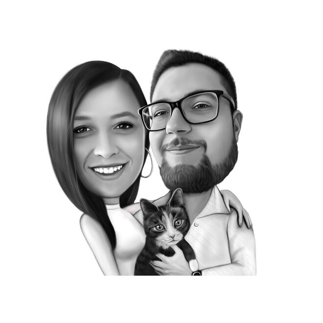 Couple with Cat Cartoon Caricature Drawing in Black and White Style