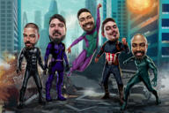 Group Superhero Caricature Drawing from Photos with City Background
