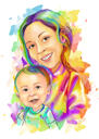 Kid with Mother Watercolor Portrait