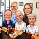 Caricatura en color de un grupo en un bar