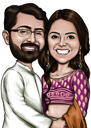 Intialainen Bollywoodin pää ja hartiat -pari piirtää karikatyyrin valokuvista mukautetulla taustalla
