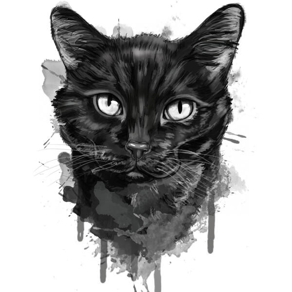Caricatura de gato em aquarela preta personalizada especial para presente de amantes de gatinhos