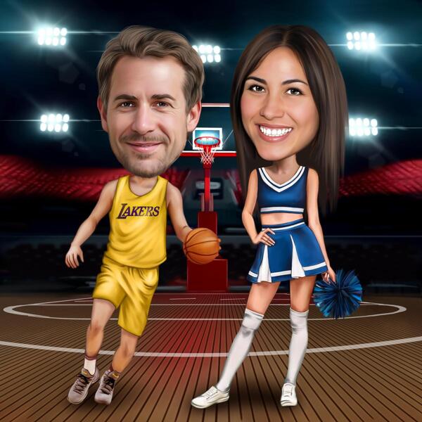 Basketball Lovers Couple Caricature from Photo on a Custom Background