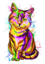Ritratto di caricatura di gatto da foto in stile acquerello bluastro