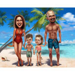 Caricatura di famiglia sulla spiaggia che si tiene per mano