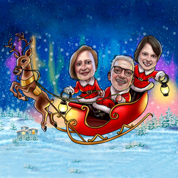 Ouders met kind in kerstcarikatuur in de slee van de Kerstman