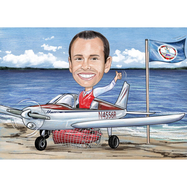 Head and Shoulders Pilot Caricature with Plane and Background